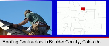 a roofing contractor installing asphalt roof shingles; Boulder County highlighted in red on a map