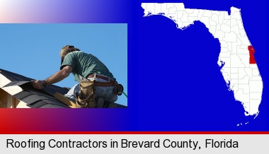 a roofing contractor installing asphalt roof shingles; Brevard County highlighted in red on a map