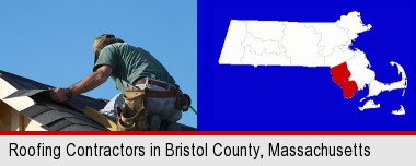 a roofing contractor installing asphalt roof shingles; Bristol County highlighted in red on a map