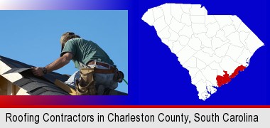 a roofing contractor installing asphalt roof shingles; Charleston County highlighted in red on a map