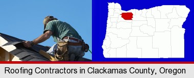 a roofing contractor installing asphalt roof shingles; Clackamas County highlighted in red on a map