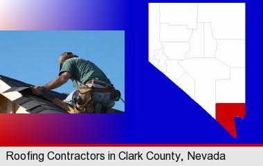a roofing contractor installing asphalt roof shingles; Clark County highlighted in red on a map