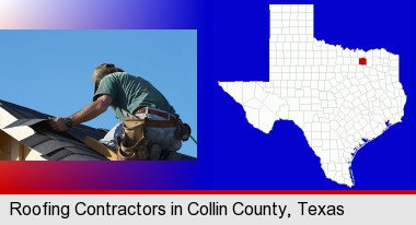 a roofing contractor installing asphalt roof shingles; Collin County highlighted in red on a map