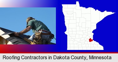 a roofing contractor installing asphalt roof shingles; Dakota County highlighted in red on a map