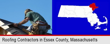a roofing contractor installing asphalt roof shingles; Essex County highlighted in red on a map