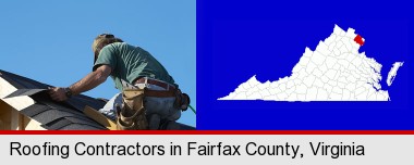 a roofing contractor installing asphalt roof shingles; Fairfax County highlighted in red on a map