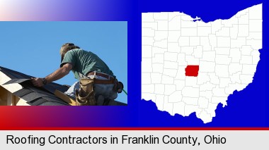 a roofing contractor installing asphalt roof shingles; Franklin County highlighted in red on a map