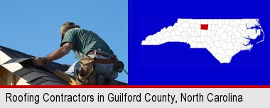 a roofing contractor installing asphalt roof shingles; Guilford County highlighted in red on a map