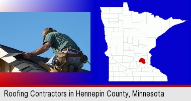 a roofing contractor installing asphalt roof shingles; Hennepin County highlighted in red on a map