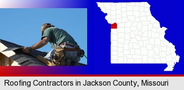 a roofing contractor installing asphalt roof shingles; Jackson County highlighted in red on a map