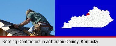 a roofing contractor installing asphalt roof shingles; Jefferson County highlighted in red on a map