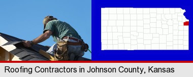 a roofing contractor installing asphalt roof shingles; Johnson County highlighted in red on a map