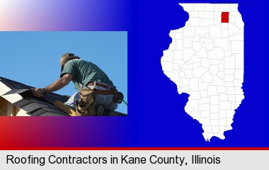 a roofing contractor installing asphalt roof shingles; Kane County highlighted in red on a map