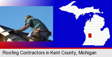 a roofing contractor installing asphalt roof shingles; Kent County highlighted in red on a map