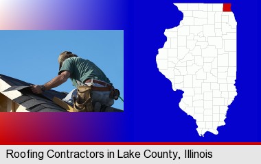 a roofing contractor installing asphalt roof shingles; LaSalle County highlighted in red on a map