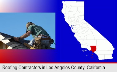 a roofing contractor installing asphalt roof shingles; Los Angeles County highlighted in red on a map