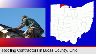 a roofing contractor installing asphalt roof shingles; Lucas County highlighted in red on a map