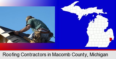 a roofing contractor installing asphalt roof shingles; Macomb County highlighted in red on a map