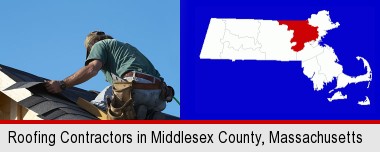 a roofing contractor installing asphalt roof shingles; Middlesex County highlighted in red on a map