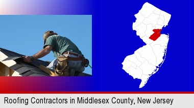 a roofing contractor installing asphalt roof shingles; Middlesex County highlighted in red on a map