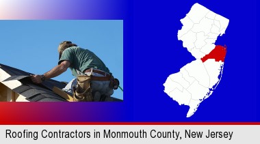 a roofing contractor installing asphalt roof shingles; Monmouth County highlighted in red on a map