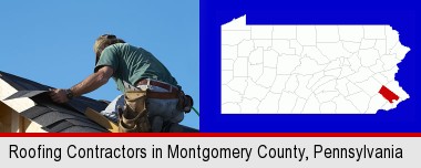 a roofing contractor installing asphalt roof shingles; Montgomery County highlighted in red on a map