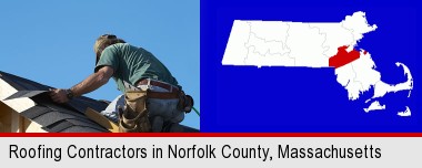 a roofing contractor installing asphalt roof shingles; Norfolk County highlighted in red on a map