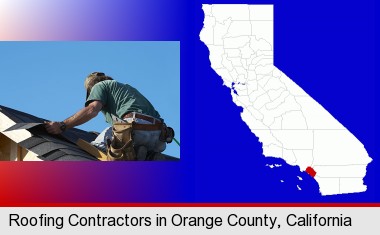 a roofing contractor installing asphalt roof shingles; Orange County highlighted in red on a map
