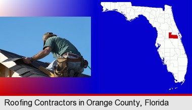 a roofing contractor installing asphalt roof shingles; Orange County highlighted in red on a map