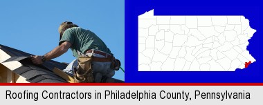 a roofing contractor installing asphalt roof shingles; Philadelphia County highlighted in red on a map