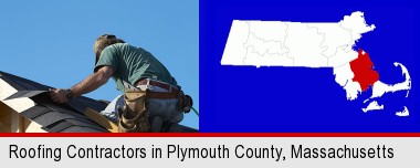 a roofing contractor installing asphalt roof shingles; Plymouth County highlighted in red on a map
