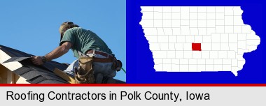 a roofing contractor installing asphalt roof shingles; Polk County highlighted in red on a map