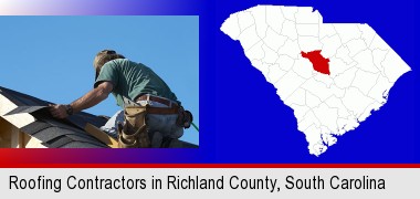 a roofing contractor installing asphalt roof shingles; Richland County highlighted in red on a map