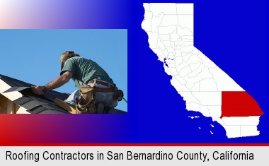 a roofing contractor installing asphalt roof shingles; San Bernardino County highlighted in red on a map