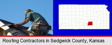 a roofing contractor installing asphalt roof shingles; Sedgwick County highlighted in red on a map