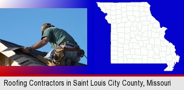 a roofing contractor installing asphalt roof shingles; St Louis City highlighted in red on a map