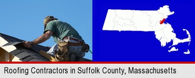 a roofing contractor installing asphalt roof shingles; Suffolk County highlighted in red on a map