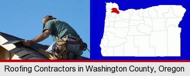 a roofing contractor installing asphalt roof shingles; Washington County highlighted in red on a map