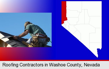 a roofing contractor installing asphalt roof shingles; Washoe County highlighted in red on a map