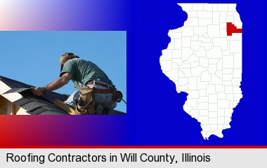 a roofing contractor installing asphalt roof shingles; Will County highlighted in red on a map