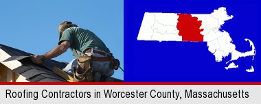 a roofing contractor installing asphalt roof shingles; Worcester County highlighted in red on a map